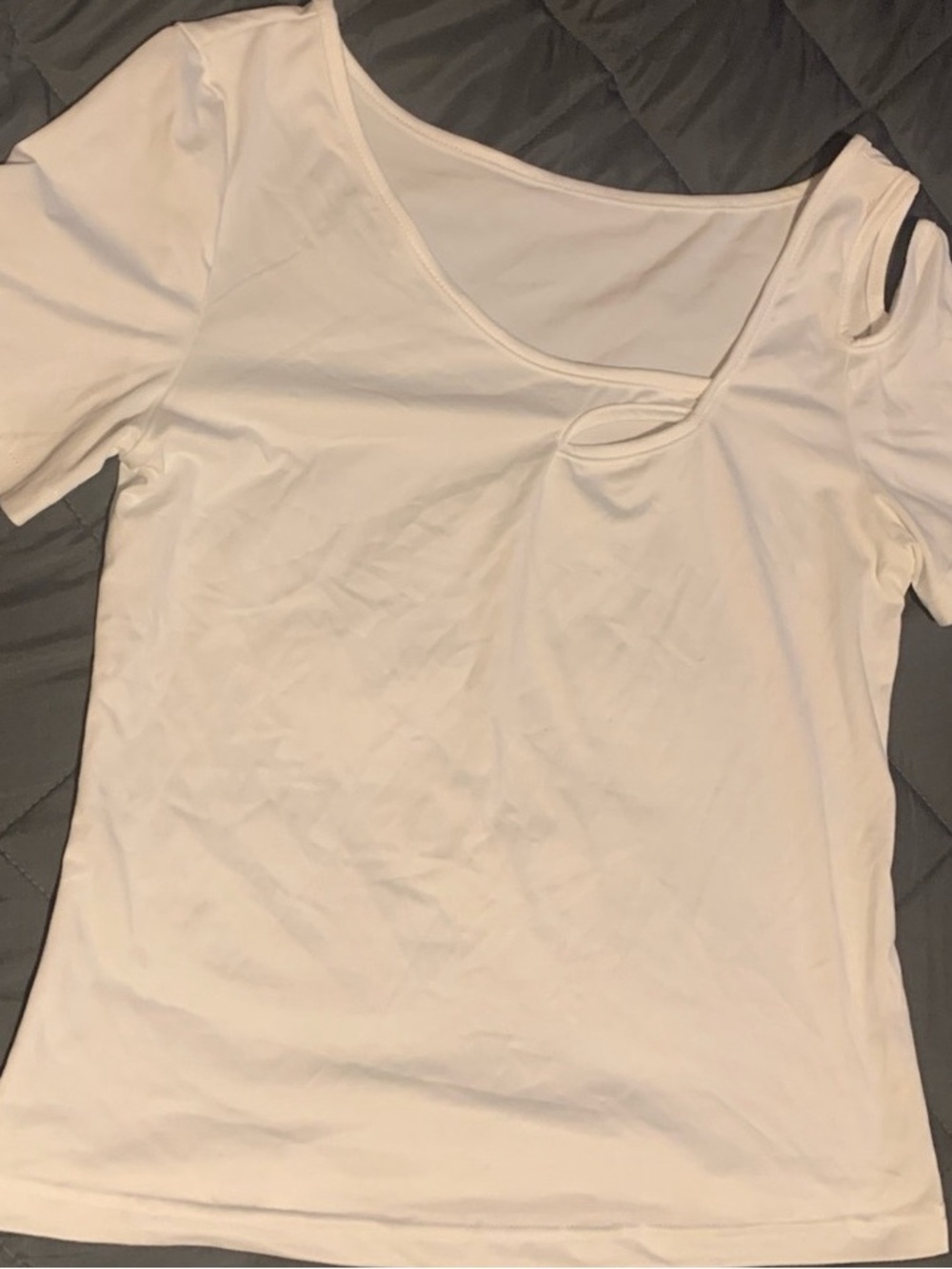 Asymmetric White Short Sleeve Tee with Shoulder Cutout